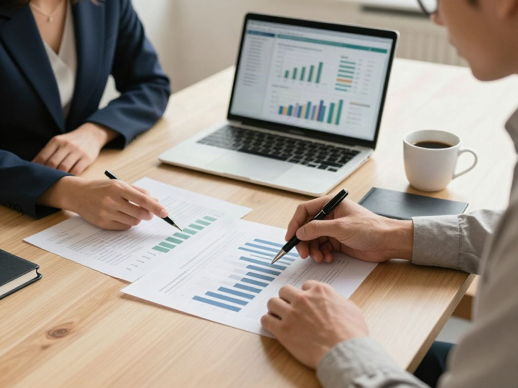 Consultants collaborating over analytics reports and a laptop during a business review
